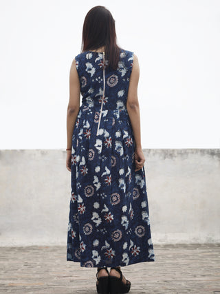Indigo Ivory Maroon Long Sleeveless Hand Block Printed Cotton Dress With Knife Pleats & Side Pockets - D32F982