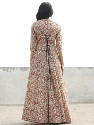 Red Ivory Black Hand Blocked Cotton Long Dress With Tie-Up Back Waist  - D162F1084