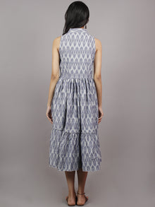 Heather Grey Midi Sleeveless Handwoven Ikat Tier Dress With Pussy Cat Bow Neck - D5067001