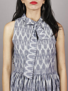 Heather Grey Midi Sleeveless Handwoven Ikat Tier Dress With Pussy Cat Bow Neck - D5067001