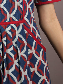 Indigo Maroon Ivory Hand Block Ajrakh Printed Cotton Knife Pleated Dress - D2347601