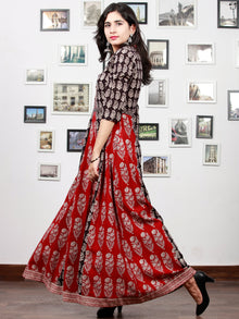 Red White Black Bagh Printed Panel Cotton Long Dress With Stand Collar  - D294F1710