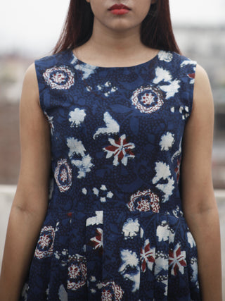 Indigo Ivory Maroon Long Sleeveless Hand Block Printed Cotton Dress With Knife Pleats & Side Pockets - D32F982