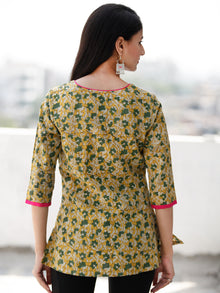 Mustard Green Magenta Embroidered Hand Block Printed Cotton Top  - T60F1132