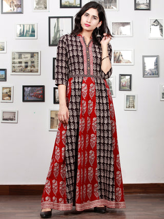 Red White Black Bagh Printed Panel Cotton Long Dress With Stand Collar  - D294F1710