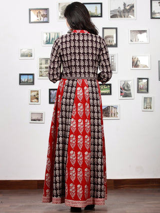 Red White Black Bagh Printed Panel Cotton Long Dress With Stand Collar  - D294F1710