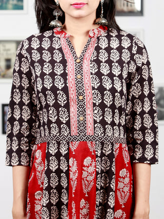 Red White Black Bagh Printed Panel Cotton Long Dress With Stand Collar  - D294F1710