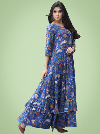 Gulzar Raabia - Royal Blue Green Red Hand Block Printed Long Ruffle Dress - D399F2181