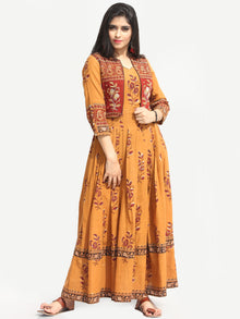 Naaz Roheen - Hand Block Printed Long Cotton Box Pleated Embroidered Jacket Dress - DS98F004