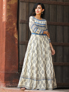 Naaz Eternal Blocks  - Hand Block Printed Long Cotton Pleated Flare Dress  - DS74F001