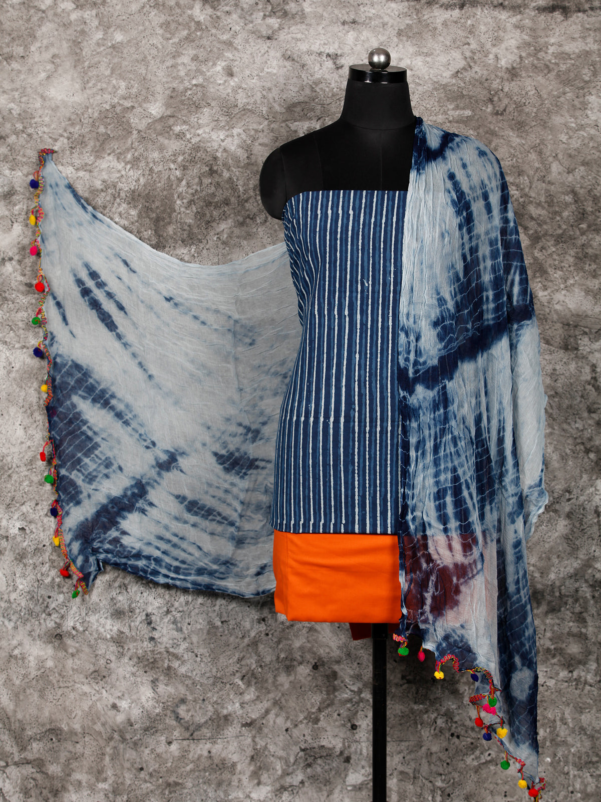 Indigo Ivory Coral Hand Block Printed Cotton Suit-Salwar Fabric With Chiffon Dupatta (Set of 3) - SU01HB341