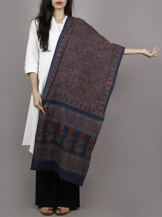 Indigo Maroon Ivory Black Mughal Nakashi Ajrakh Hand Block Printed Cotton Stole - S63170127