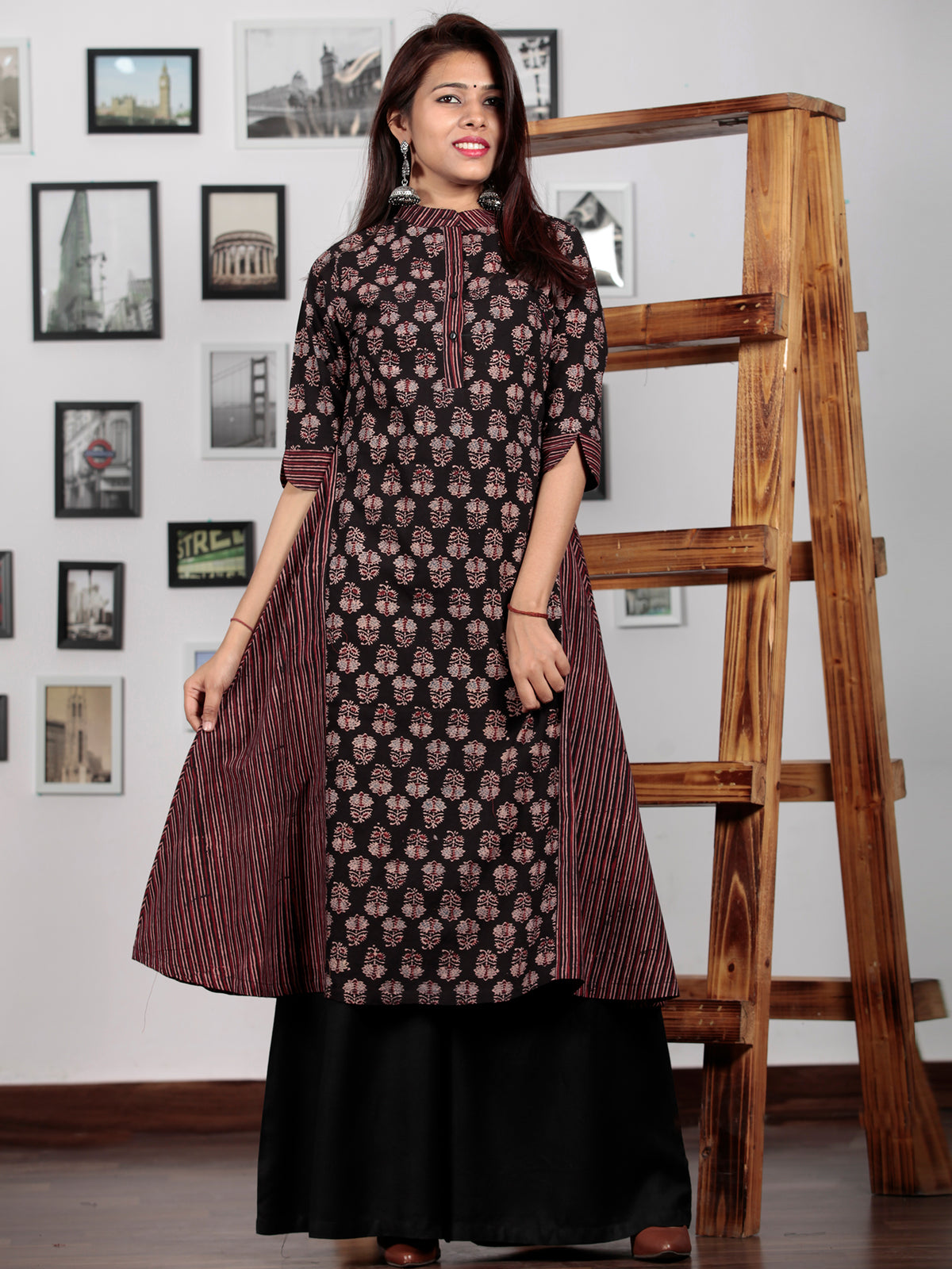 Black Maroon Blue Ajrakh Hand Block Printed Kurta  - K48BP0129