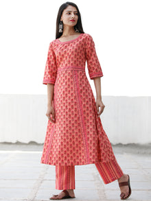Peach Orange Pink Brown Cotton Hand Block Printed Kurta & Pants - Set of 2 - SS01F1877