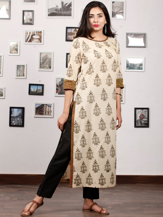 Beige Olive Green Hand Block Printed Kurta - K129F1371