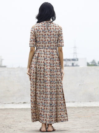 Beige Maroon Blue Black Hand Block Cotton Dress With Cold Shoulder And Side Pockets -  D80F779