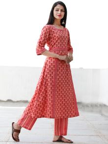 Peach Orange Pink Brown Cotton Hand Block Printed Kurta & Pants - Set of 2 - SS01F1877