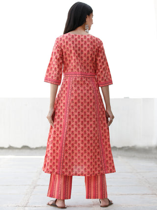 Peach Orange Pink Brown Cotton Hand Block Printed Kurta & Pants - Set of 2 - SS01F1877