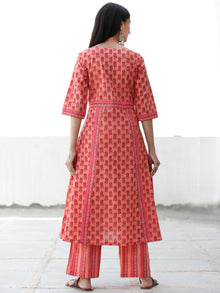 Peach Orange Pink Brown Cotton Hand Block Printed Kurta & Pants - Set of 2 - SS01F1877