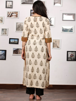 Beige Olive Green Hand Block Printed Kurta - K129F1371