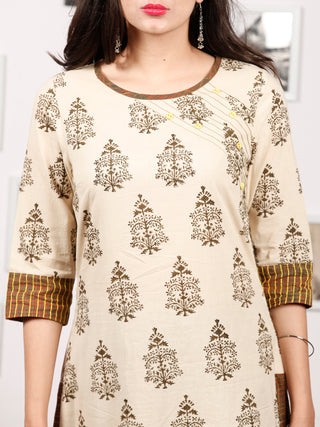Beige Olive Green Hand Block Printed Kurta - K129F1371