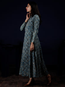 Indigo White Black Hand Block Printed Long Cotton Shirt Collar Dress - D248F1337