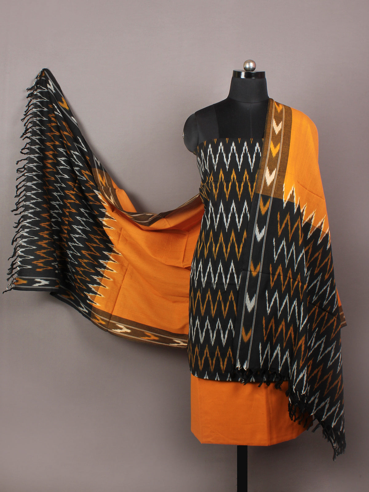 Black Orange White Ikat Handwoven Cotton Suit Fabric Set of 3 - S1002020