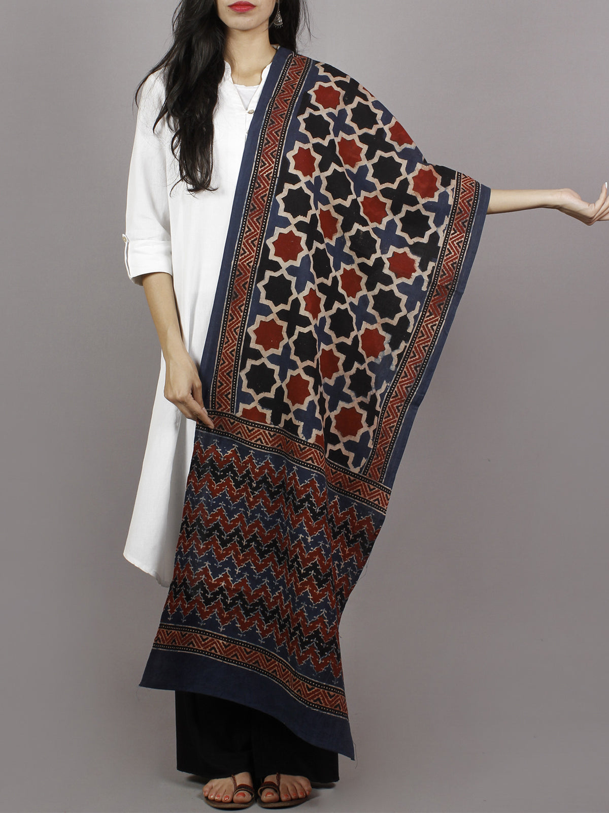 Indigo Black Maroon Beige Mughal Nakashi Ajrakh Hand Block Printed Cotton Stole - S63170128