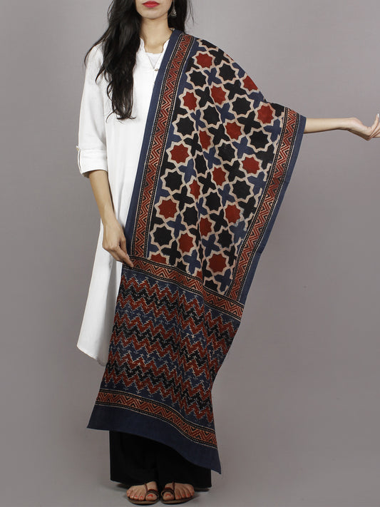Indigo Black Maroon Beige Mughal Nakashi Ajrakh Hand Block Printed Cotton Stole - S63170128