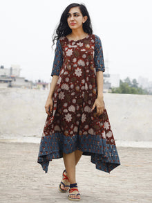 Brick Red Indigo Beige Hand Block Printed Cotton Asymmetric Dress.  D84F611