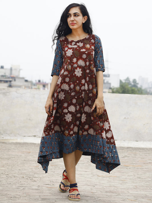 Brick Red Indigo Beige Hand Block Printed Cotton Asymmetric Dress.  D84F611