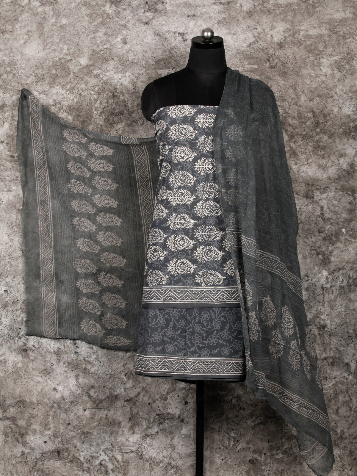Grey Black Ivory Hand Block Printed Cotton Suit-Salwar Fabric With Chiffon Dupatta (Set of 3) - SU01HB342