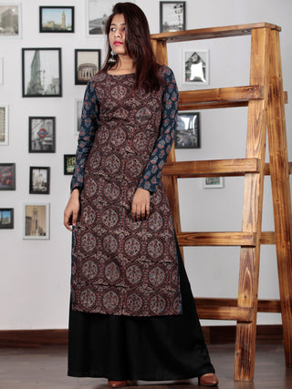 Black Maroon Indigo Ajrakh Hand Block Printed Kurta in Natural Colors - K73BP0137