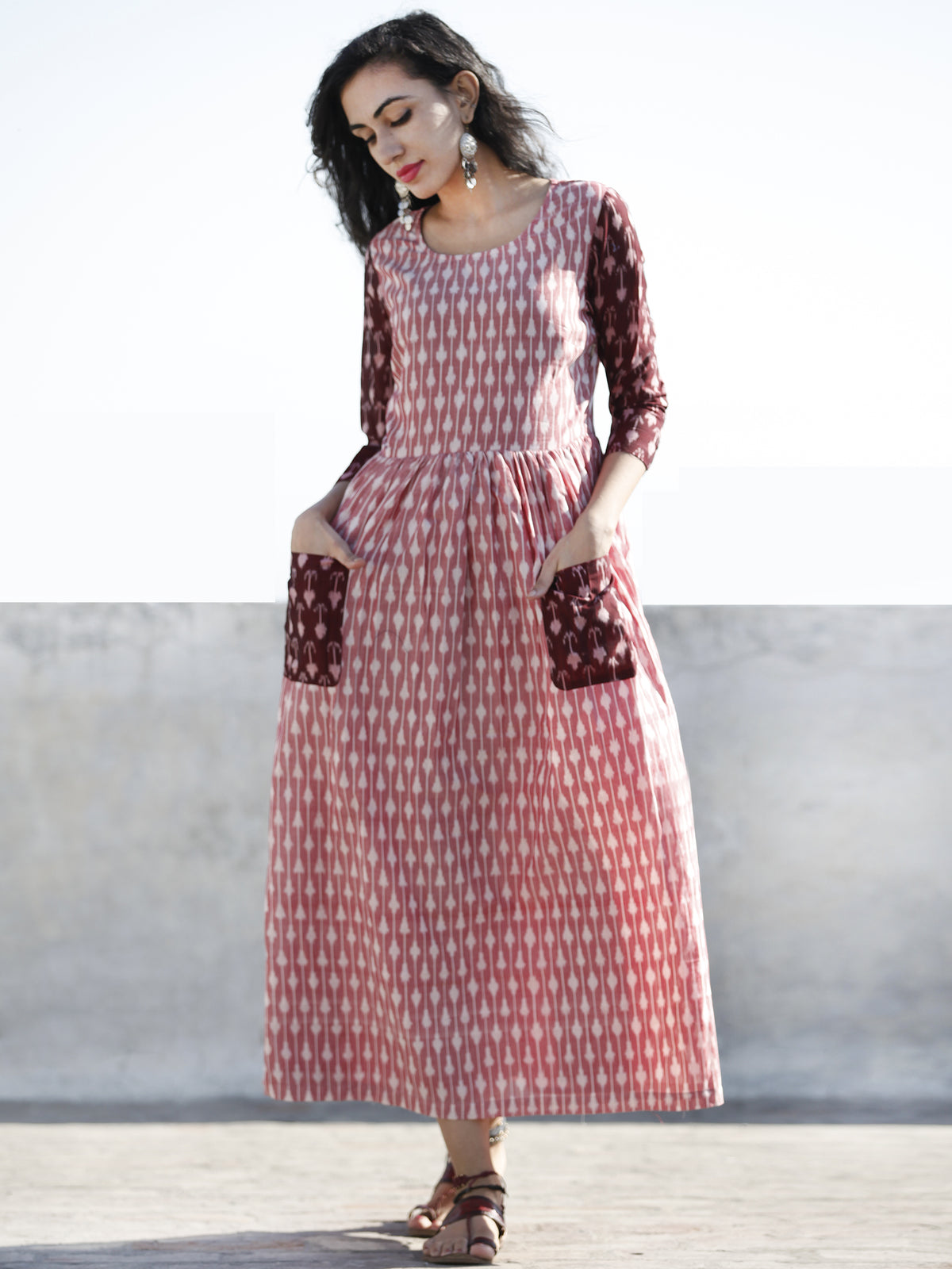 Peach Wine Red Hand Woven Mercerized Cotton Ikat Dress With Pockets - D173F1279