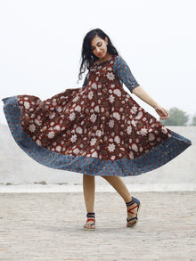 Brick Red Indigo Beige Hand Block Printed Cotton Asymmetric Dress.  D84F611