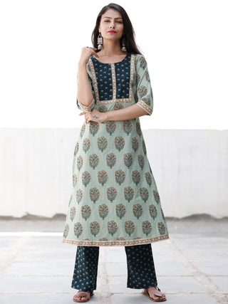 Sage & Teal Green Yellow Cotton Block Printed Kurta & Pants - Set of 2 - SS02F1864