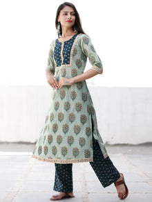 Sage & Teal Green Yellow Cotton Block Printed Kurta & Pants - Set of 2 - SS02F1864