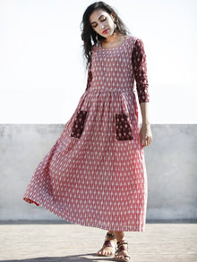 Peach Wine Red Hand Woven Mercerized Cotton Ikat Dress With Pockets - D173F1279