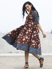 Brick Red Indigo Beige Hand Block Printed Cotton Asymmetric Dress.  D84F611