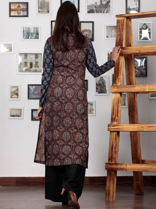 Black Maroon Indigo Ajrakh Hand Block Printed Kurta in Natural Colors - K73BP0137