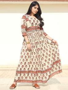 Naaz Faeezah - Hand Block Printed Long Cotton Dress With Gather & Lining - DS01F002