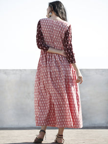 Peach Wine Red Hand Woven Mercerized Cotton Ikat Dress With Pockets - D173F1279