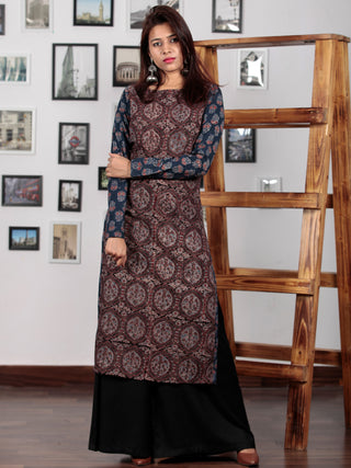 Black Maroon Indigo Ajrakh Hand Block Printed Kurta in Natural Colors - K73BP0137