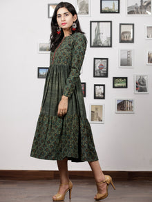 Hunter Green Mustard Black Hand Printed Ajrakh Cotton Tier Dress - D303F1515