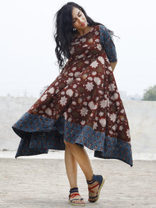 Brick Red Indigo Beige Hand Block Printed Cotton Asymmetric Dress.  D84F611
