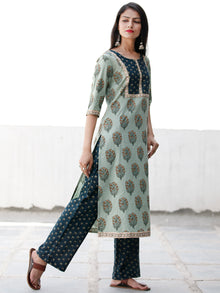 Sage & Teal Green Yellow Cotton Block Printed Kurta & Pants - Set of 2 - SS02F1864