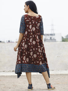 Brick Red Indigo Beige Hand Block Printed Cotton Asymmetric Dress.  D84F611