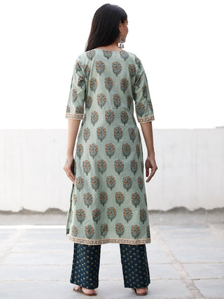Sage & Teal Green Yellow Cotton Block Printed Kurta & Pants - Set of 2 - SS02F1864