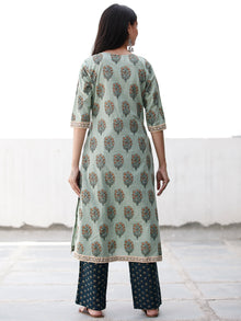 Sage & Teal Green Yellow Cotton Block Printed Kurta & Pants - Set of 2 - SS02F1864