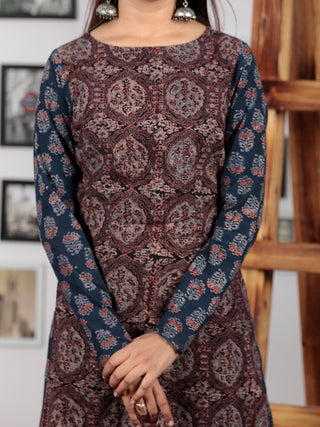 Black Maroon Indigo Ajrakh Hand Block Printed Kurta in Natural Colors - K73BP0137